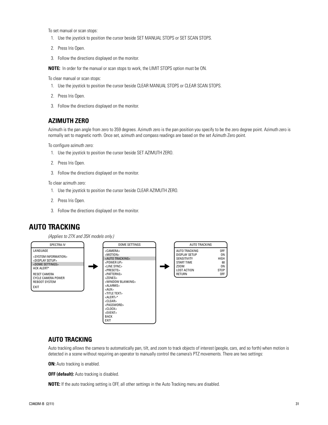 Pelco C3463M-B manual Auto Tracking, Azimuth Zero, Power UP Start Time Line Sync Zoom Presets Lost Action 