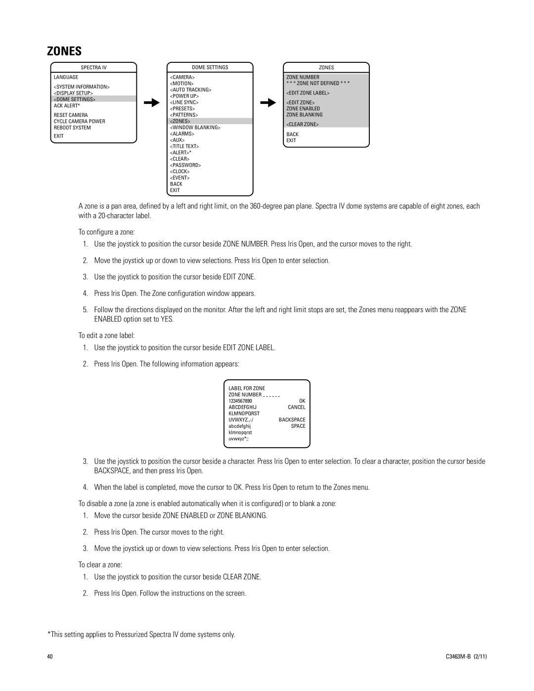 Pelco C3463M-B manual Back Exit Zones Zone Number, Edit Zone Label, Clear Zone Back Exit, Label for Zone Zone Number 