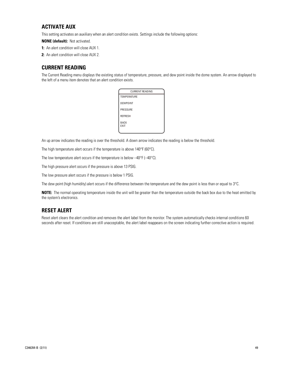 Pelco C3463M-B Activate AUX, Current Reading, Reset Alert, None default Not activated, An alert condition will close AUX 