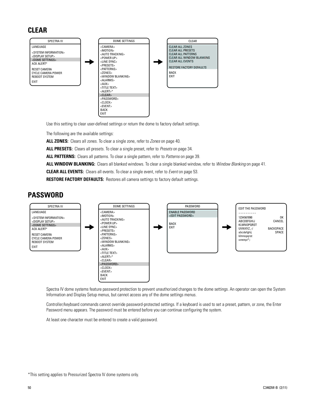 Pelco C3463M-B Clear, Back Exit Password, Enable Password Edit Password, Back Abcdefghij Cancel Klmnopqrst Exit Uvwxyz 