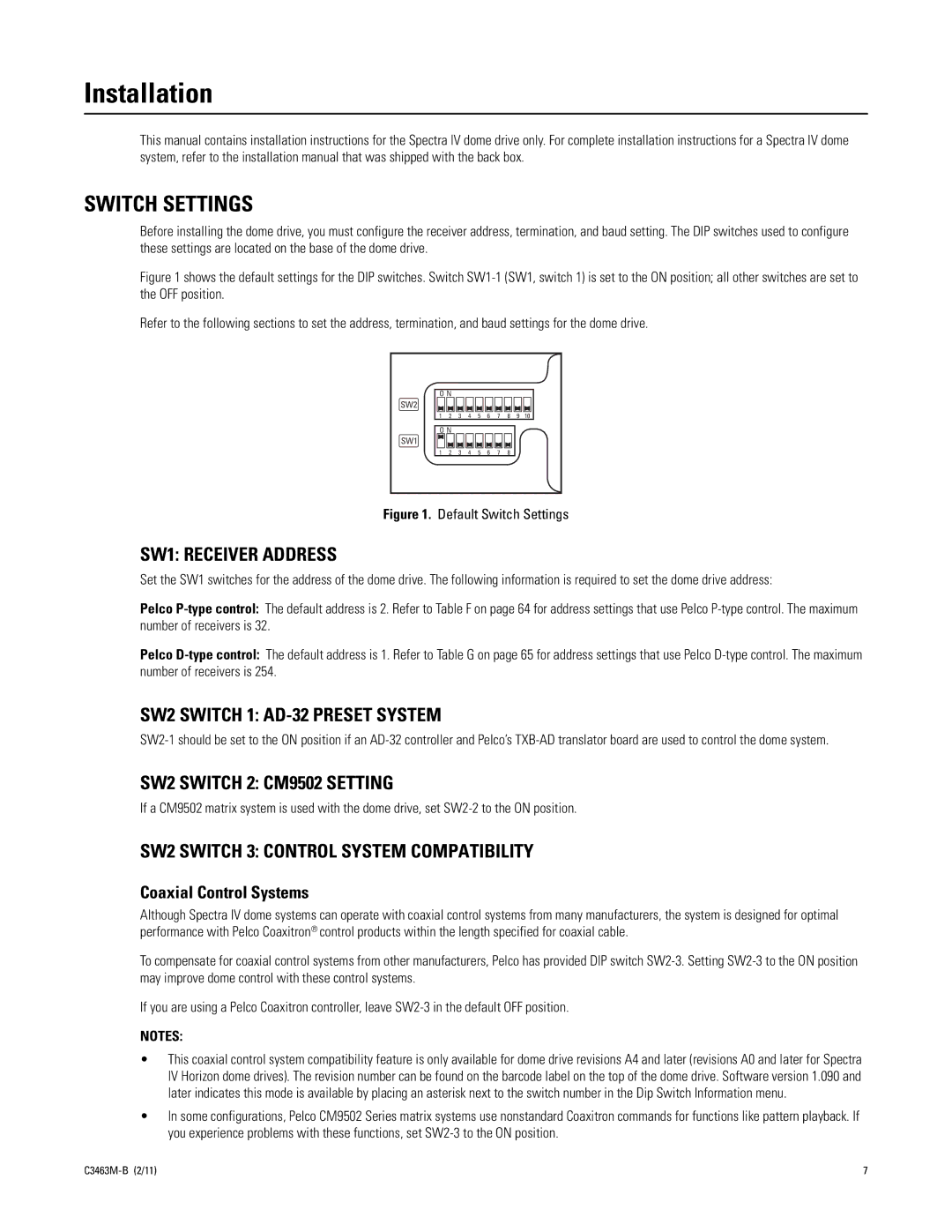 Pelco C3463M-B manual Installation, Switch Settings 