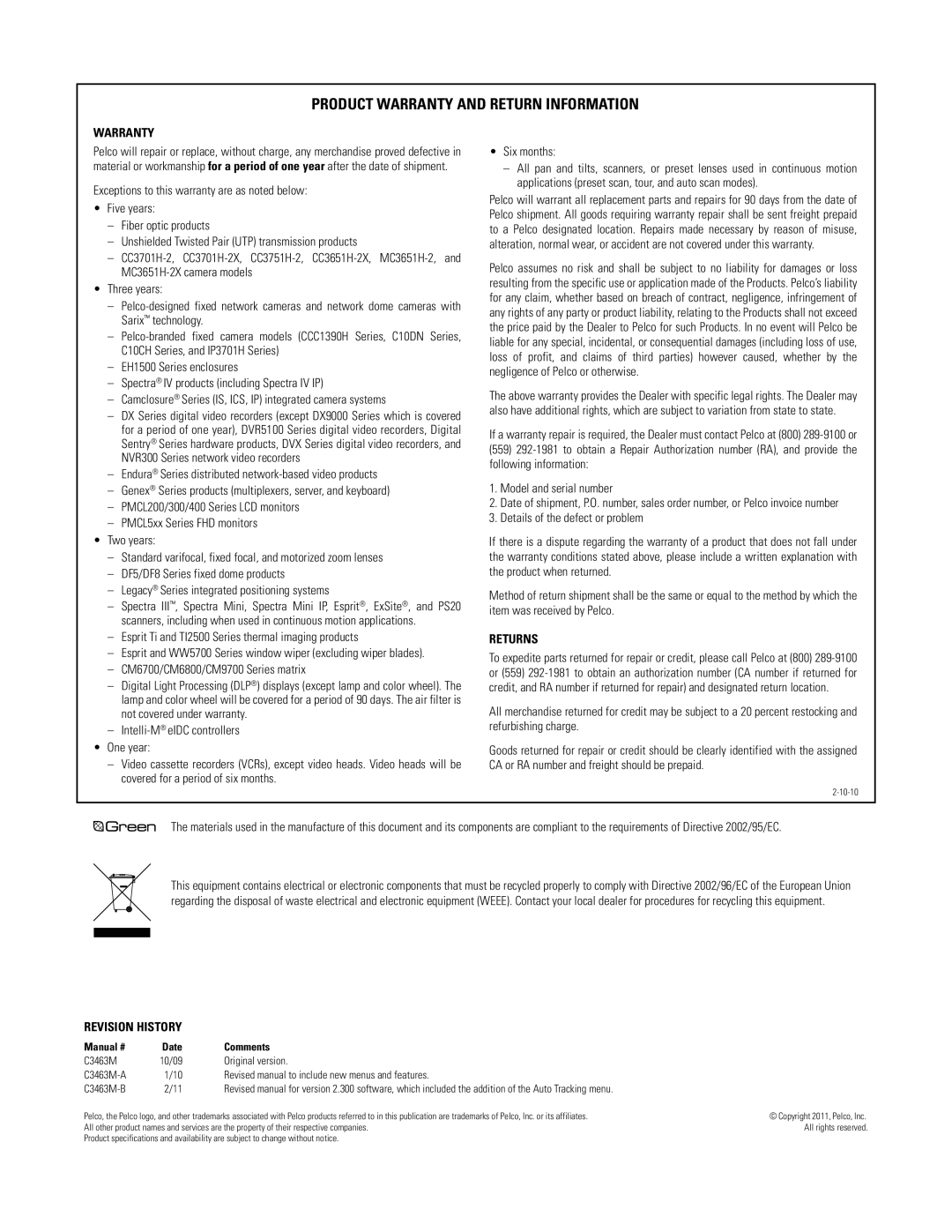 Pelco C3463M-B manual Product Warranty and Return Information 