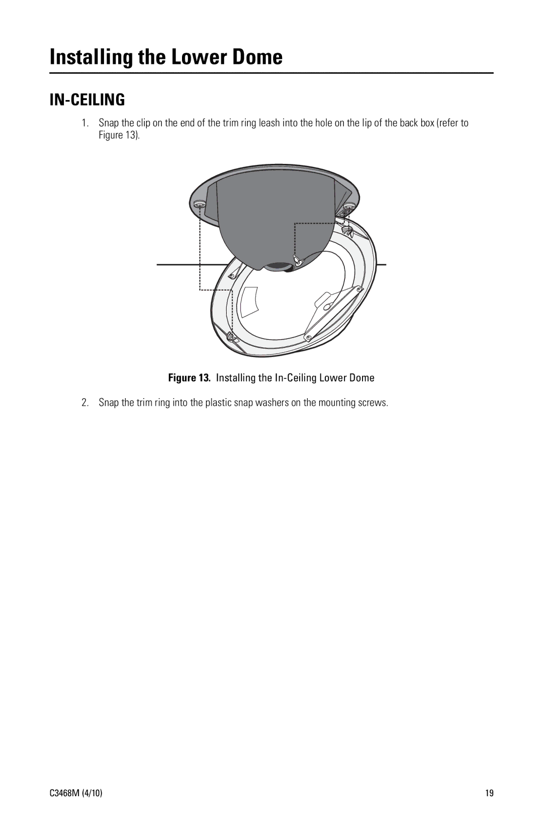 Pelco C3468M manual Installing the Lower Dome, In-Ceiling 