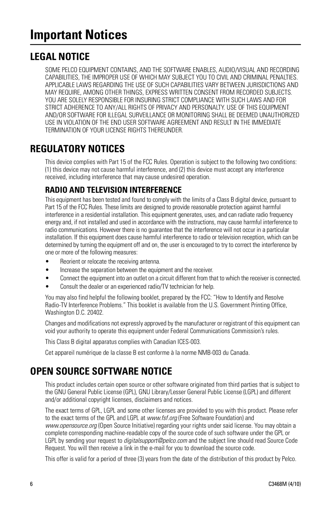 Pelco C3468M manual Important Notices, Legal Notice, Regulatory Notices, Open Source Software Notice 
