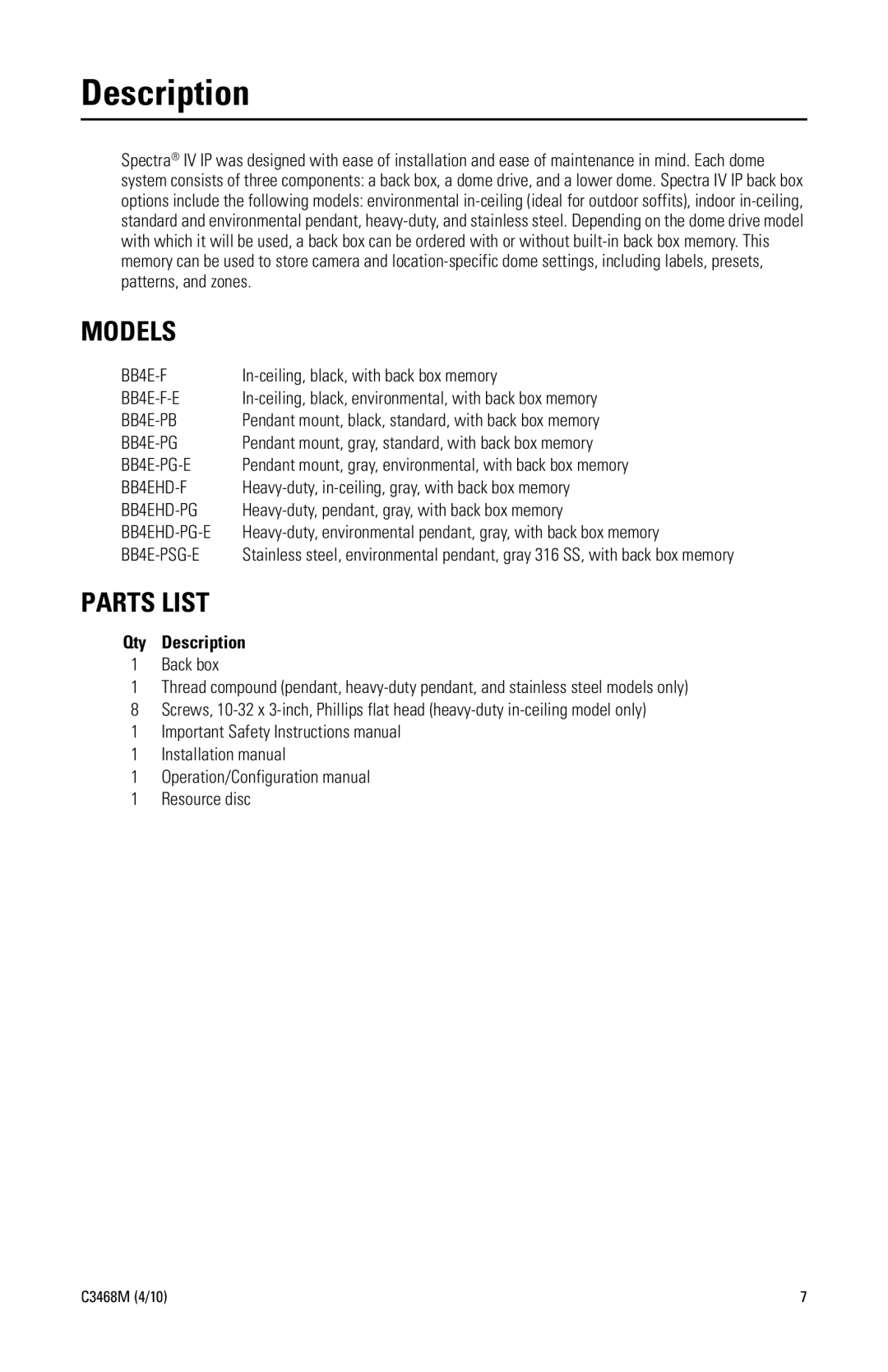 Pelco C3468M manual Models, Parts List, Qty Description 