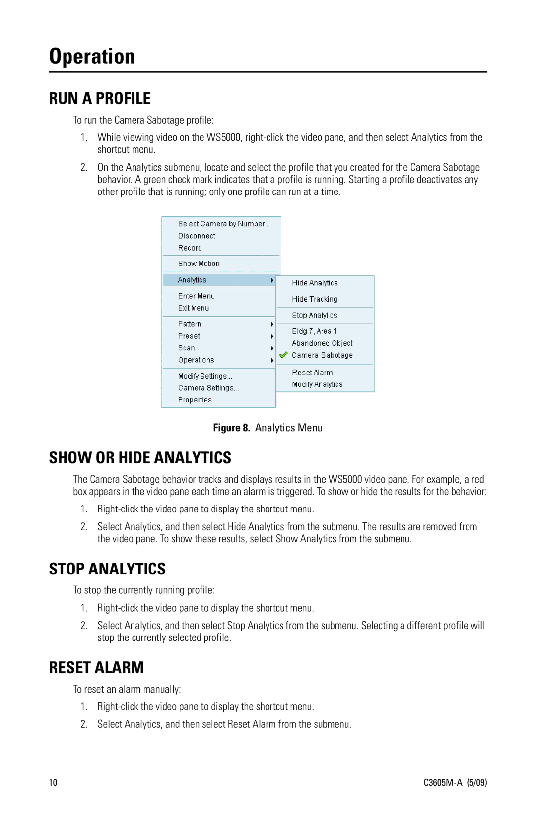 Pelco C3605M-A manual Operation, RUN a Profile, Show or Hide Analytics, Stop Analytics, Reset Alarm 