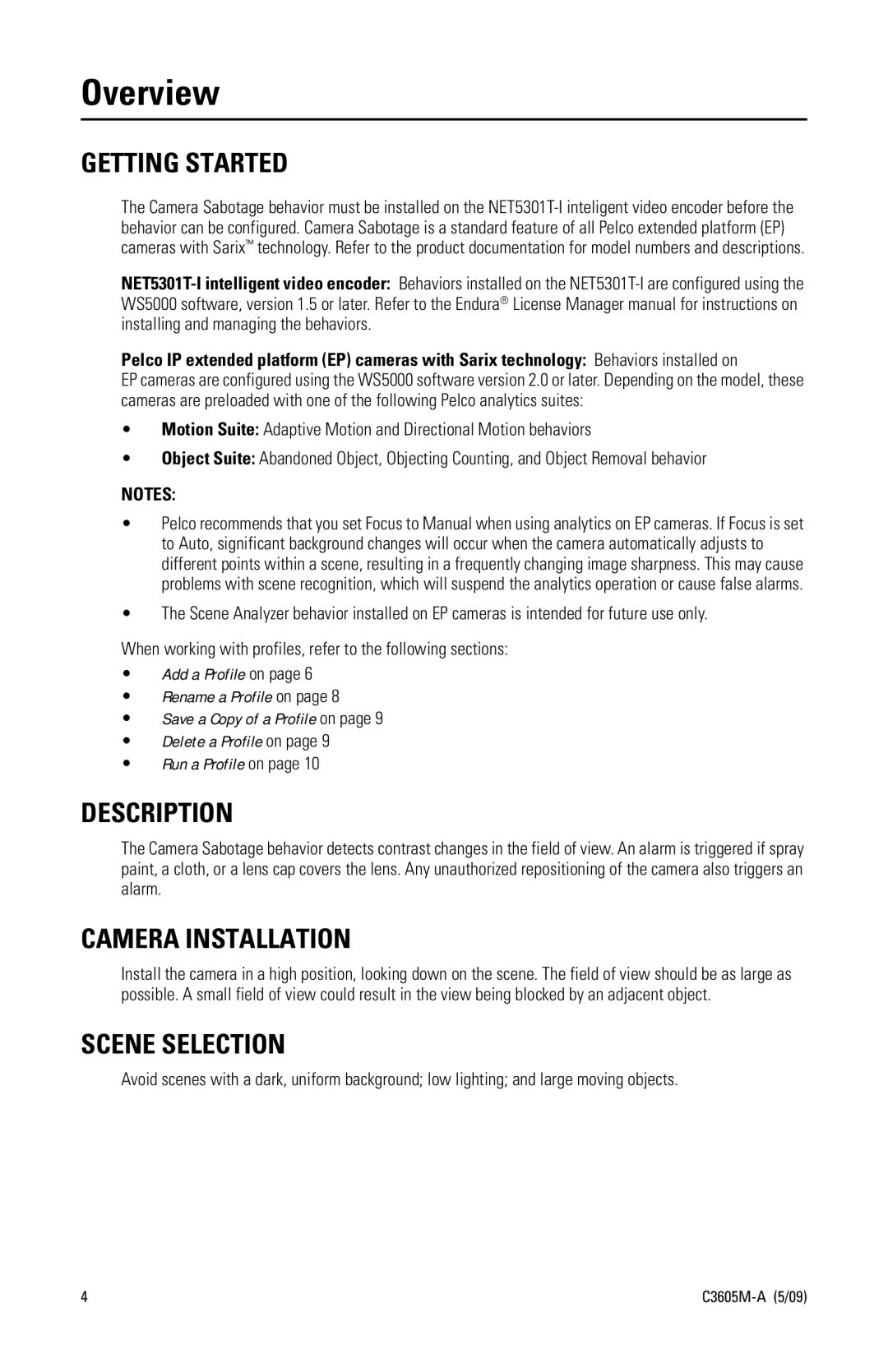 Pelco C3605M-A manual Overview, Getting Started, Description, Camera Installation, Scene Selection 