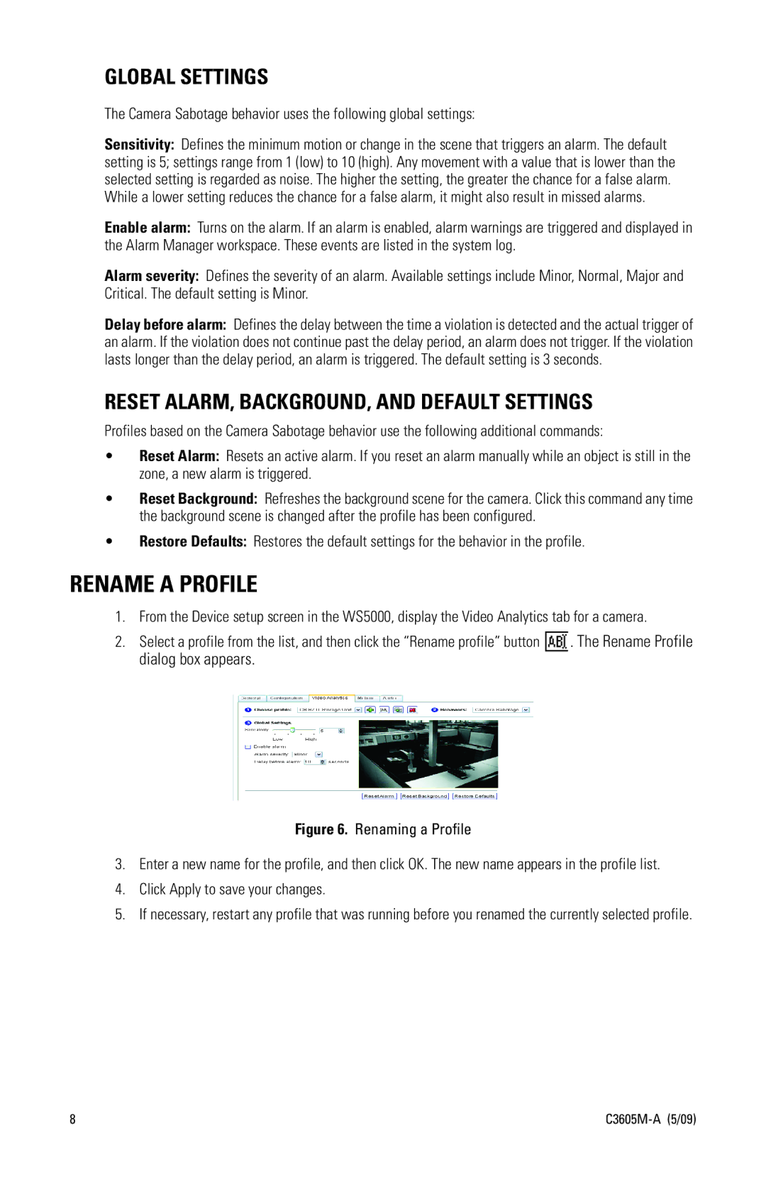 Pelco C3605M-A manual Rename a Profile, Global Settings 