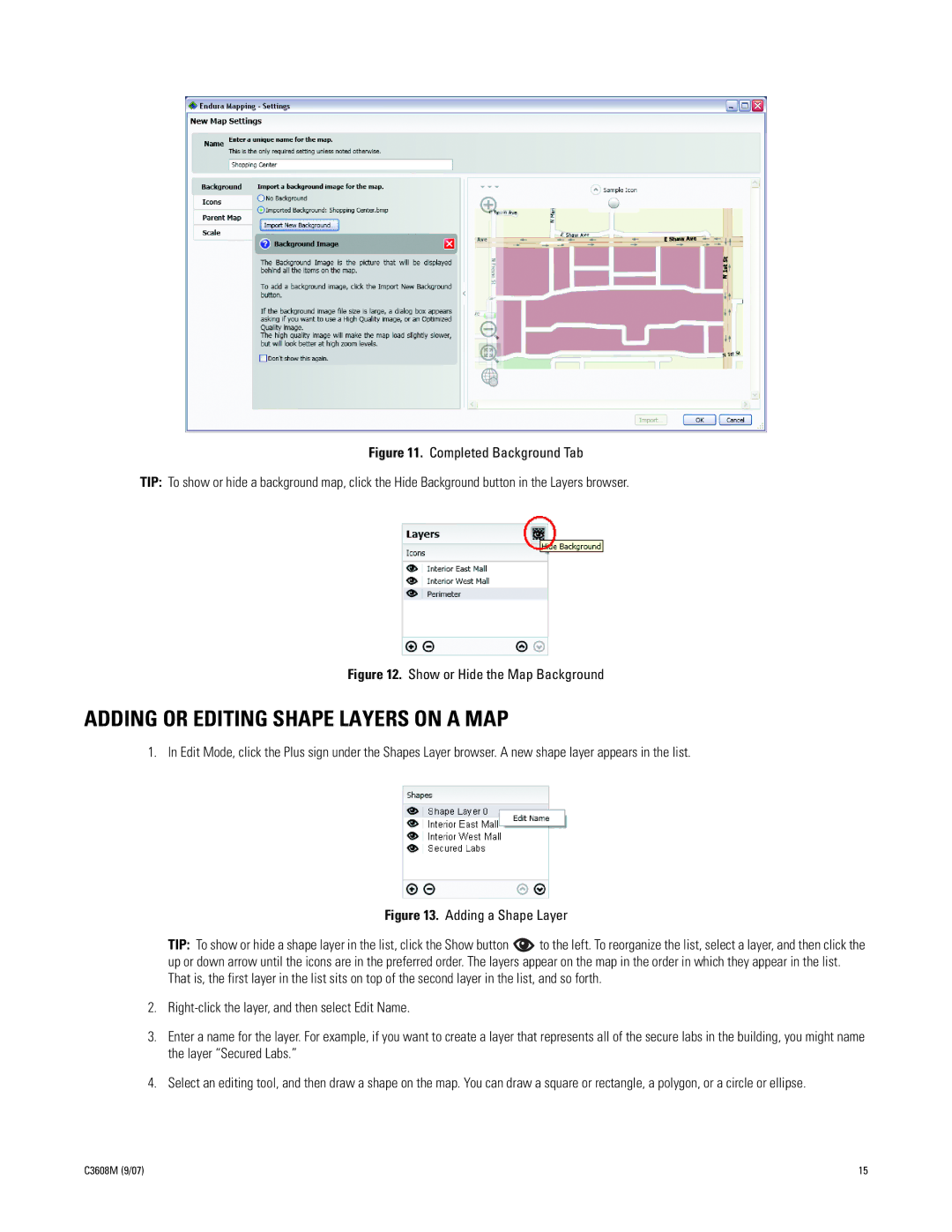 Pelco C3608M (9/07) manual Adding or Editing Shape Layers on a MAP, Show or Hide the Map Background 