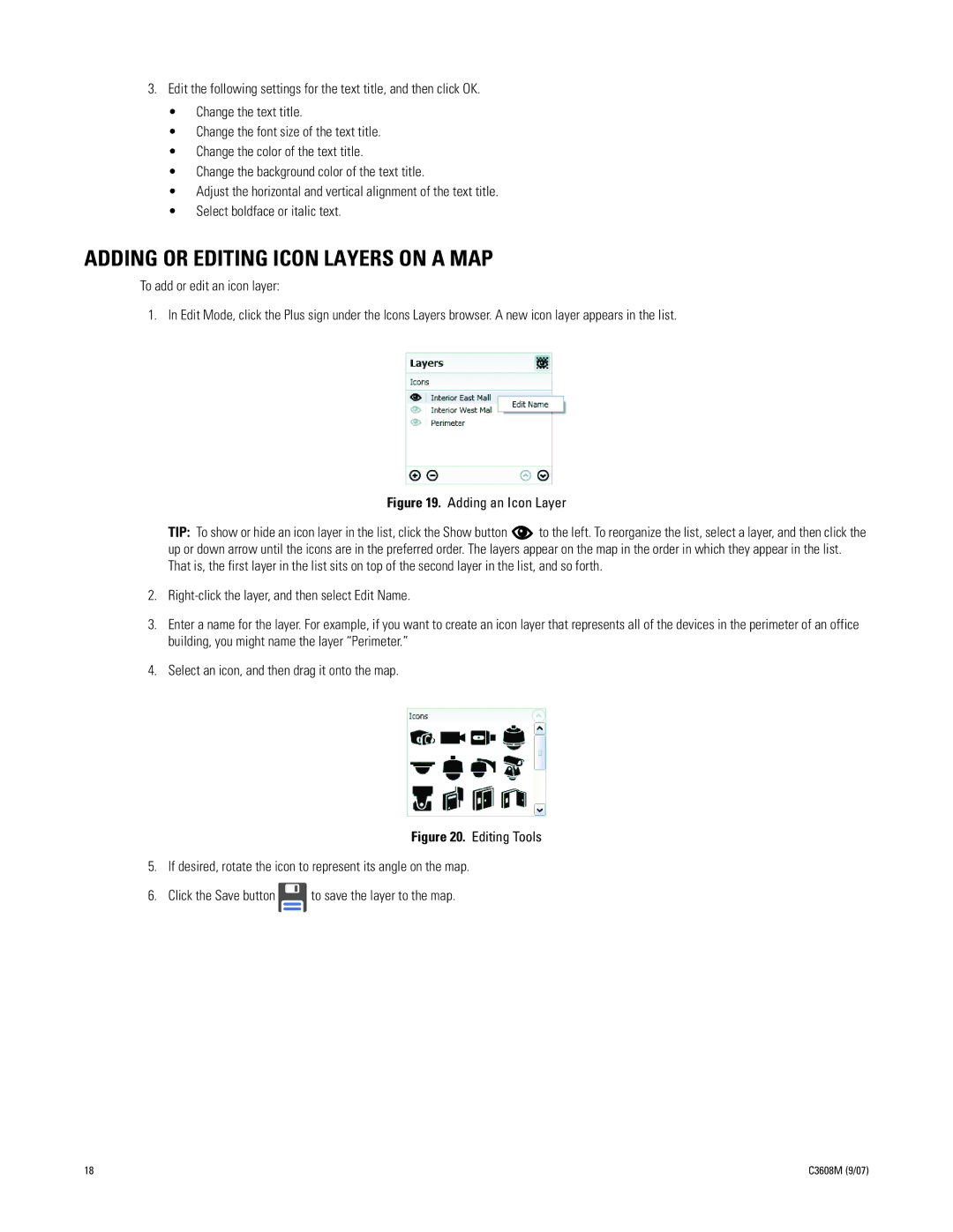 Pelco C3608M (9/07) manual Adding or Editing Icon Layers on a MAP, Adding an Icon Layer 