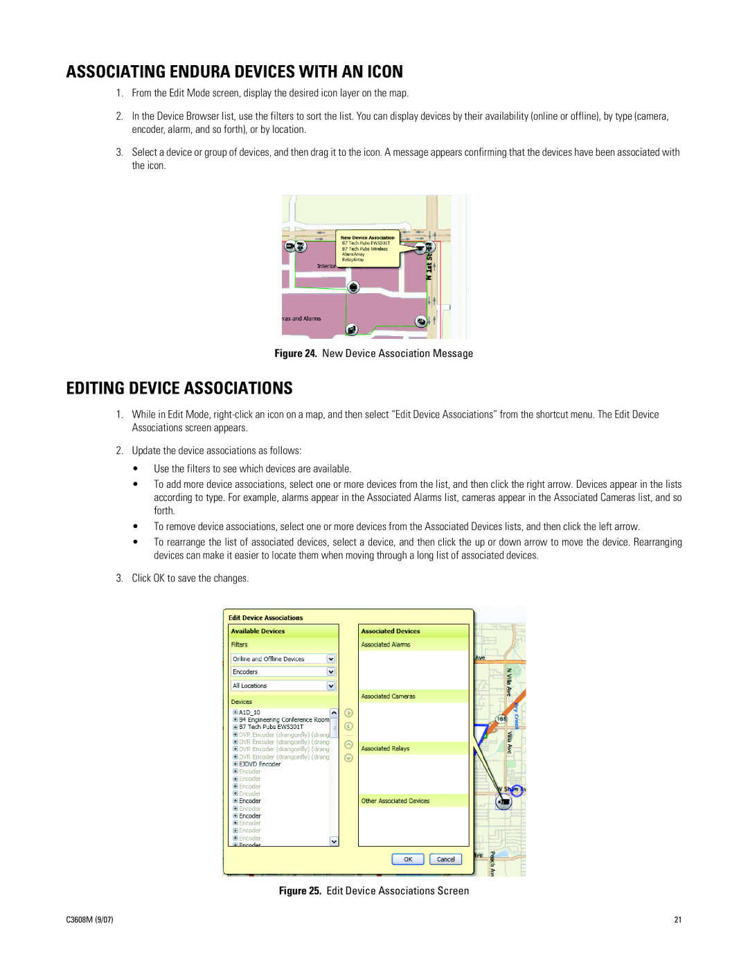 Pelco C3608M (9/07) manual Associating Endura Devices with AN Icon, Editing Device Associations 