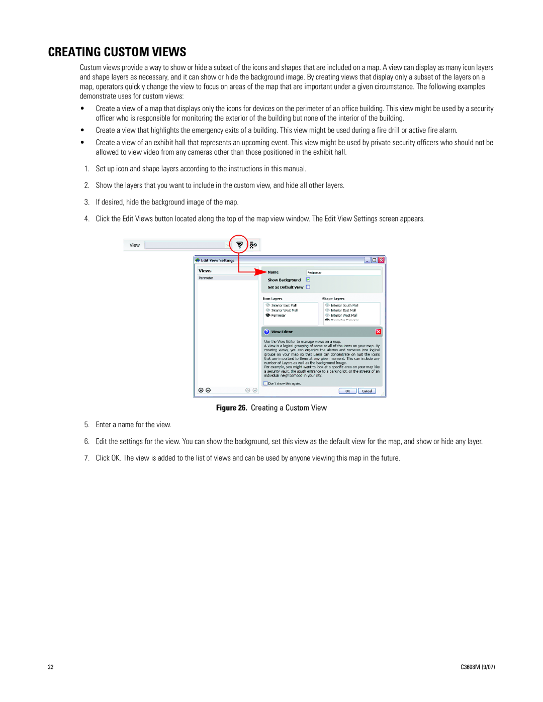 Pelco C3608M (9/07) manual Creating Custom Views, Creating a Custom View Enter a name for the view 