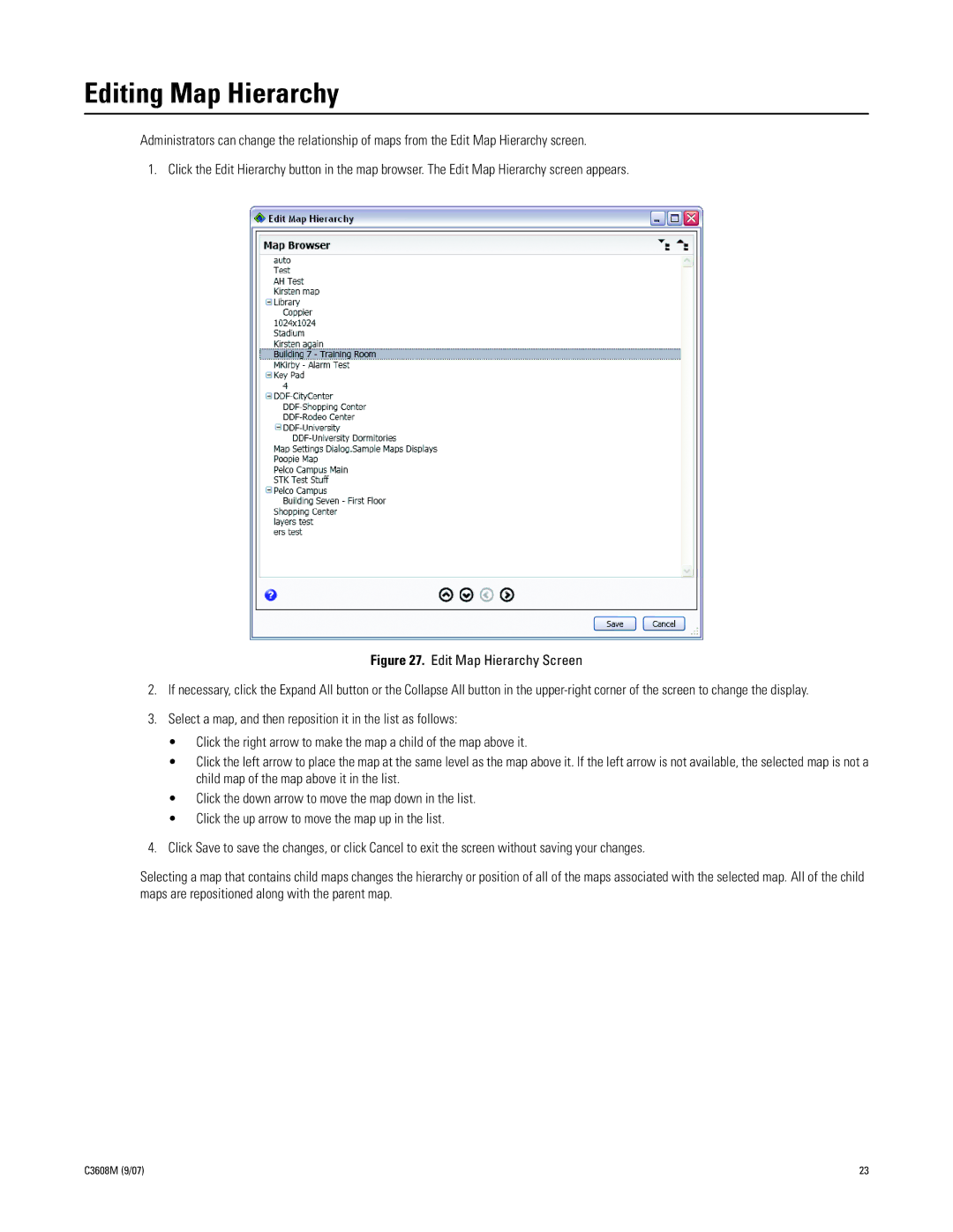 Pelco C3608M (9/07) manual Editing Map Hierarchy, Edit Map Hierarchy Screen 