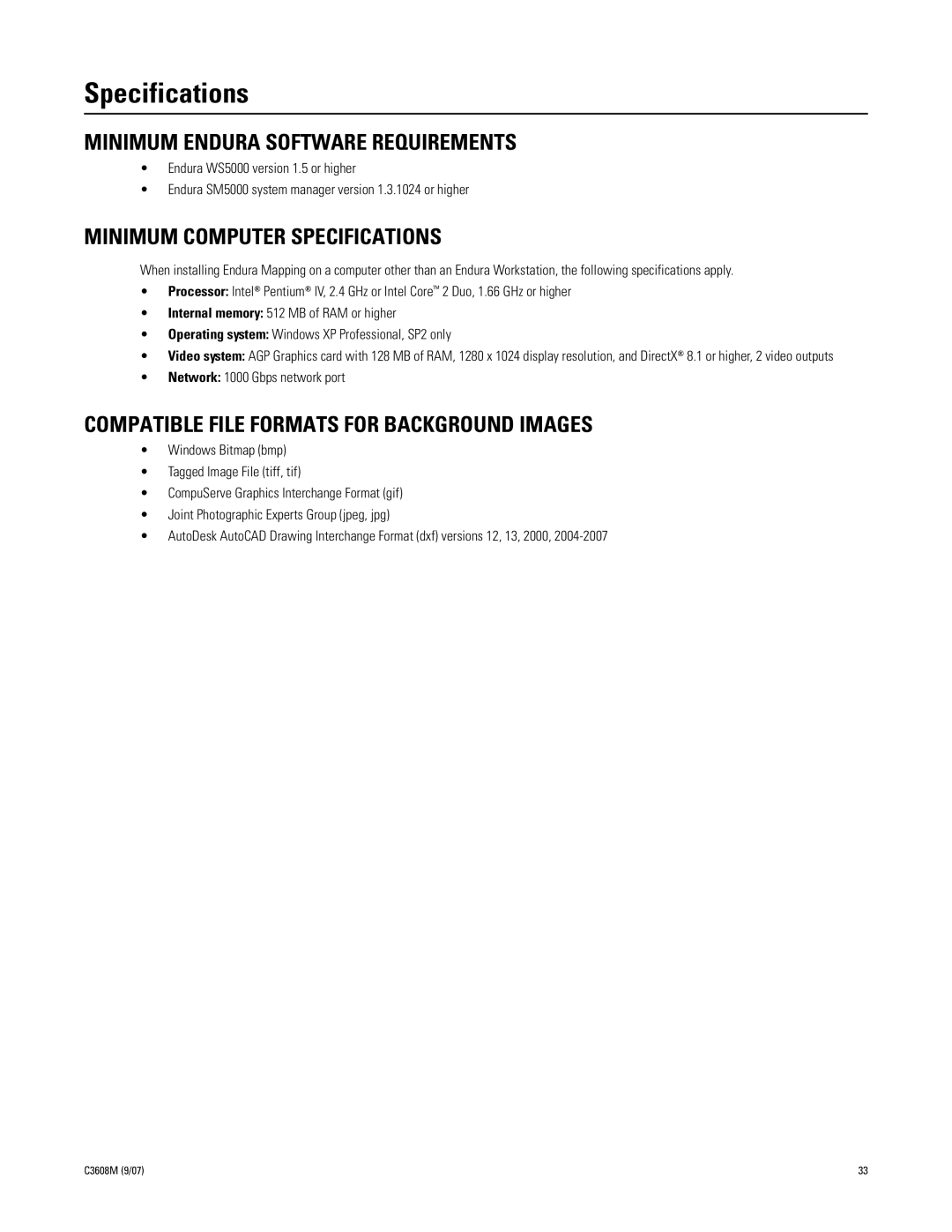 Pelco C3608M (9/07) manual Minimum Endura Software Requirements, Minimum Computer Specifications 