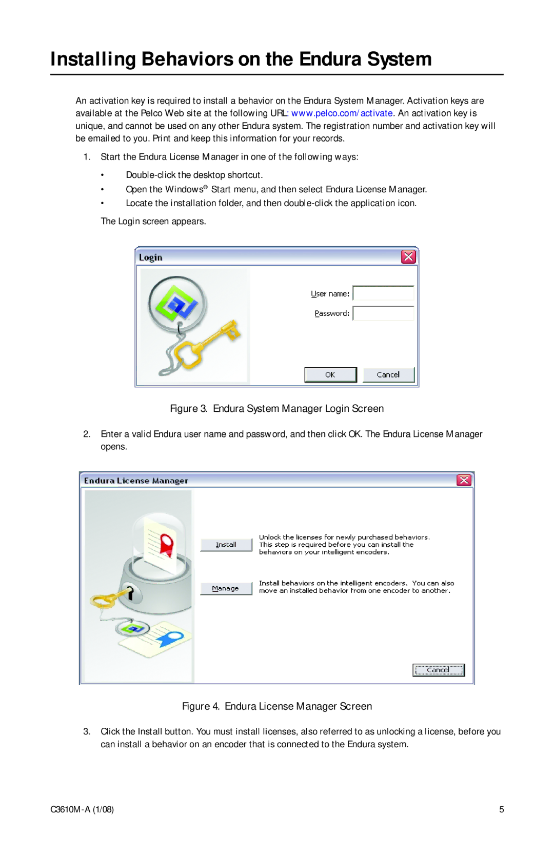 Pelco C3610m-a(1/08) manual Installing Behaviors on the Endura System, Endura License Manager Screen 