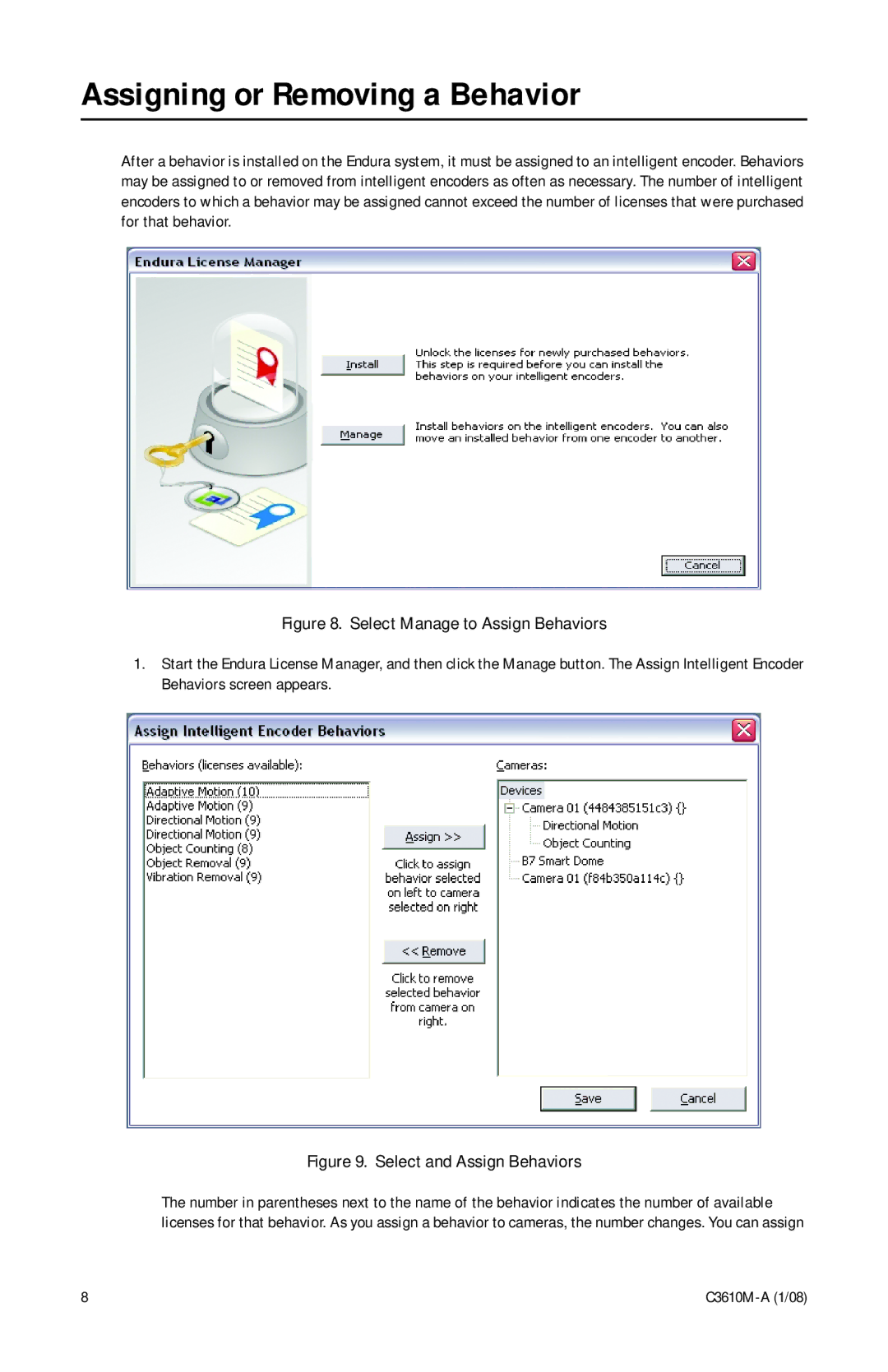 Pelco C3610m-a(1/08) manual Assigning or Removing a Behavior, Select and Assign Behaviors 