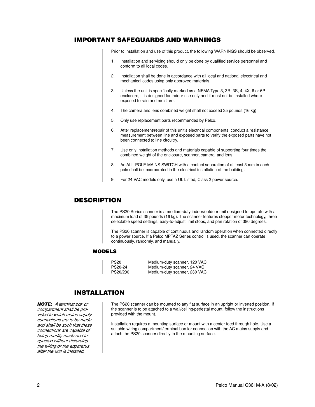 Pelco C361M-A operation manual Important Safeguards and Warnings, Description, Installation, Models 