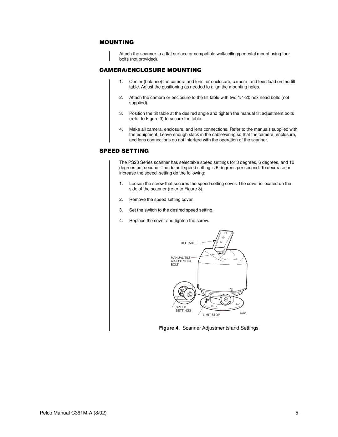 Pelco C361M-A operation manual CAMERA/ENCLOSURE Mounting, Speed Setting 