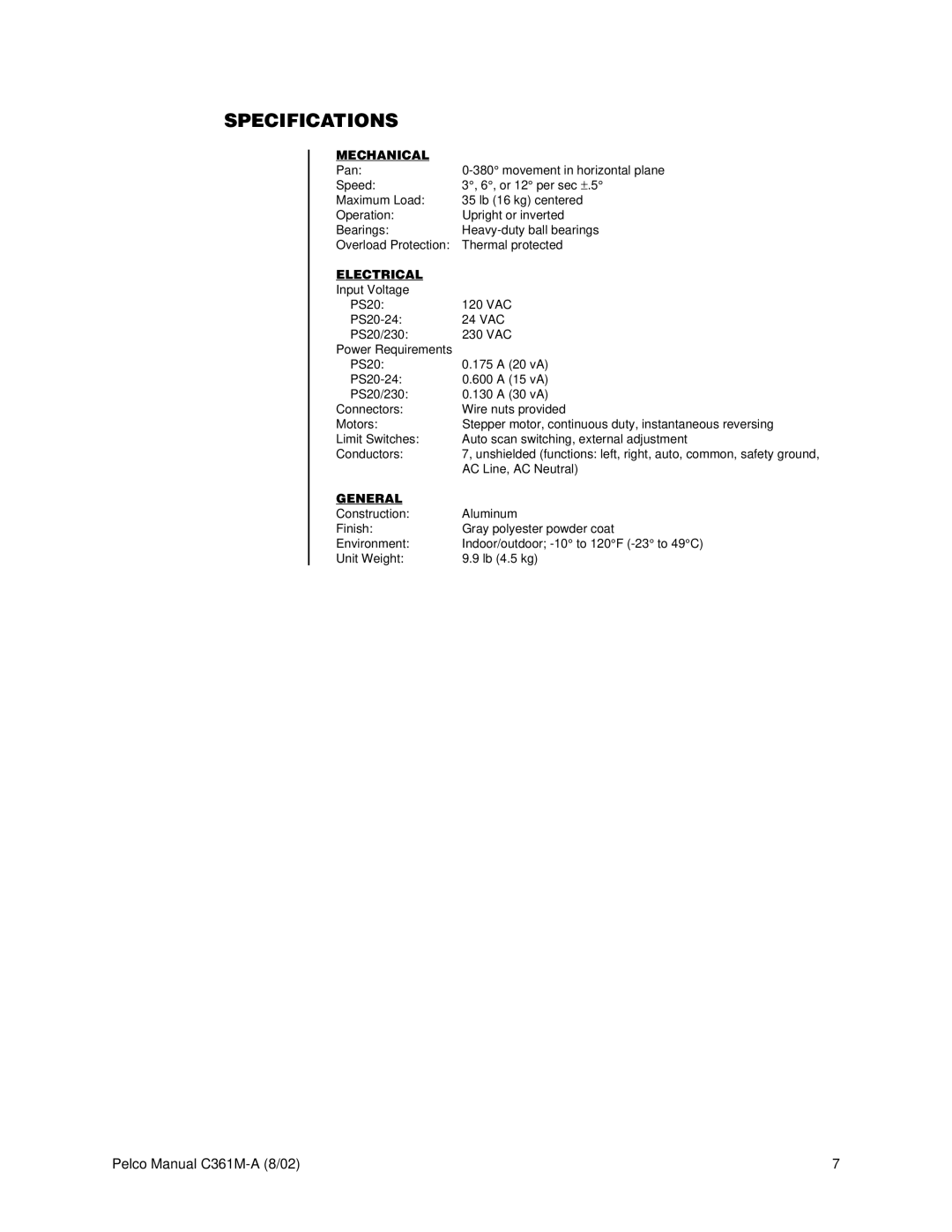 Pelco C361M-A operation manual Specifications, Mechanical, Electrical, General 