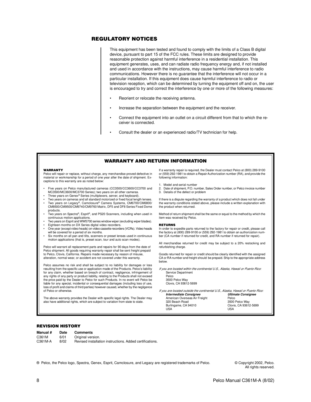 Pelco C361M-A operation manual Regulatory Notices, Revision History 