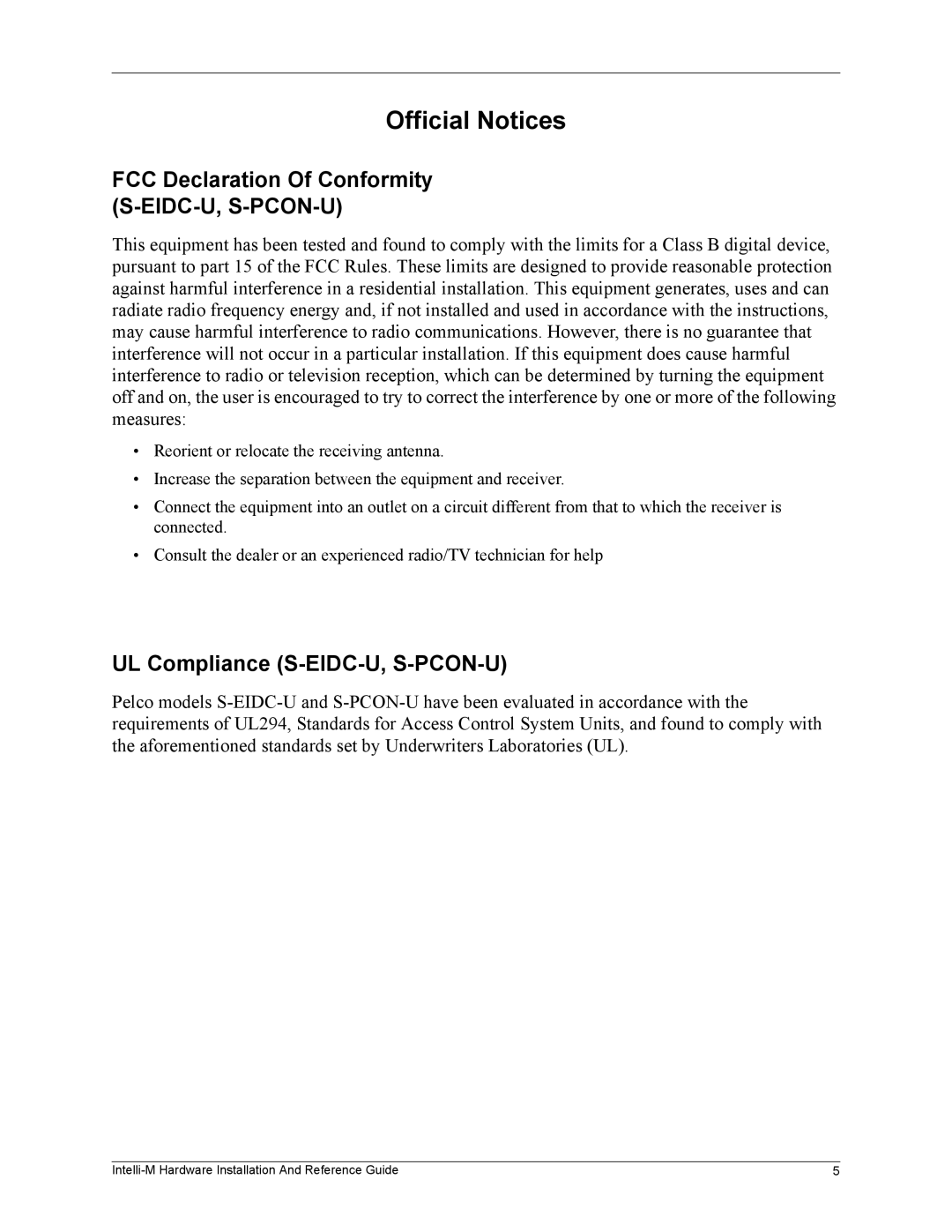Pelco c3653m-a manual UL Compliance S-EIDC-U, S-PCON-U, Official Notices, FCC Declaration Of Conformity S-EIDC-U, S-PCON-U 