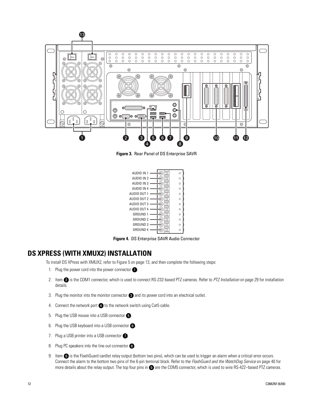 Pelco C3662M installation manual DS Xpress with XMUX2 Installation, Rear Panel of DS Enterprise Savr 