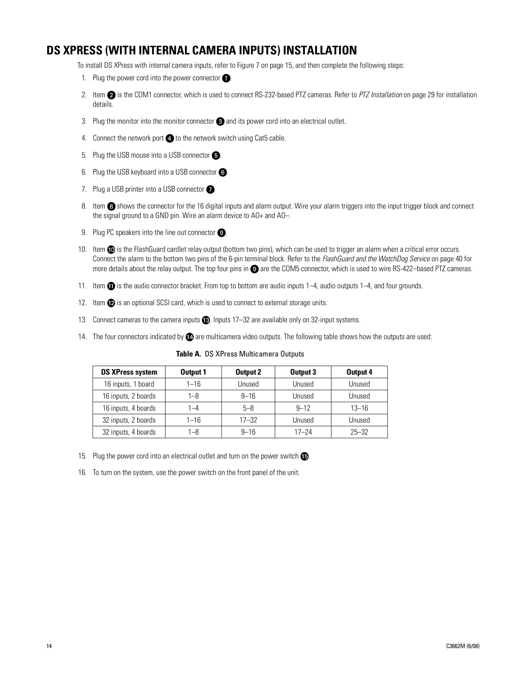 Pelco C3662M installation manual DS Xpress with Internal Camera Inputs Installation, Output 