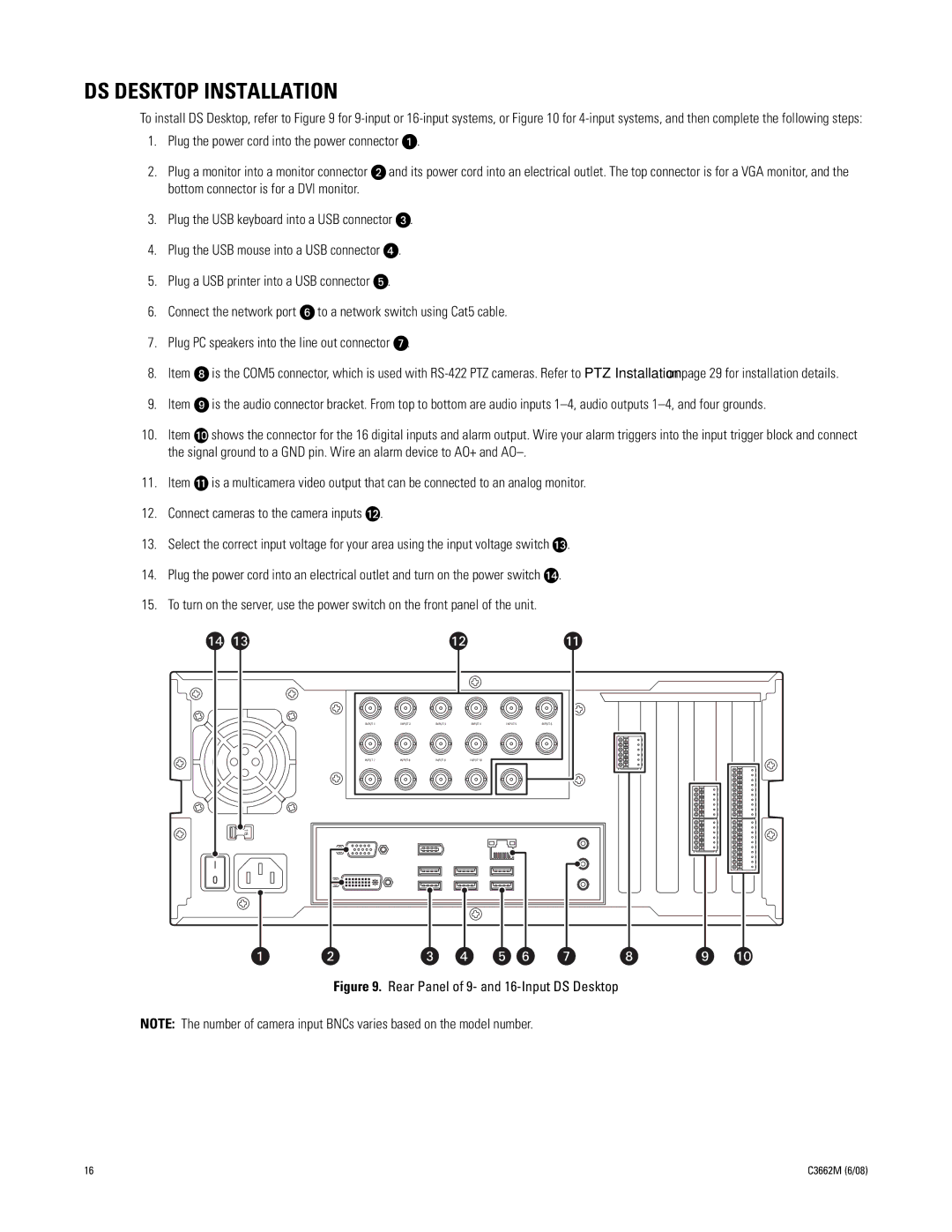 Pelco C3662M installation manual DS Desktop Installation, Rear Panel of 9- and 16-Input DS Desktop 