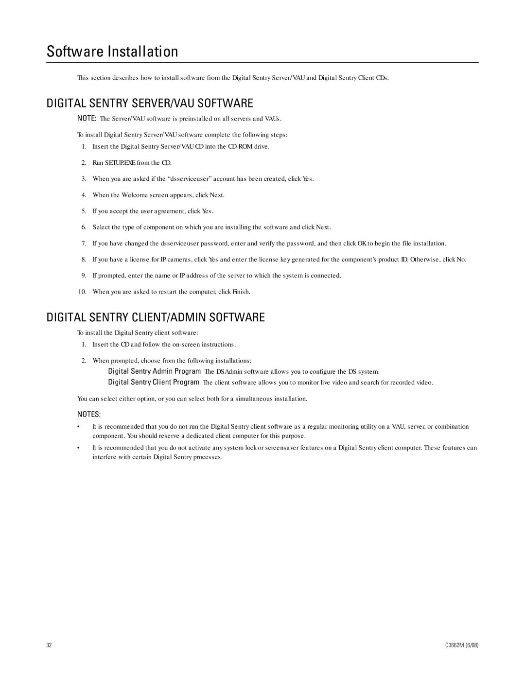 Pelco C3662M Software Installation, Digital Sentry SERVER/VAU Software, Digital Sentry CLIENT/ADMIN Software 