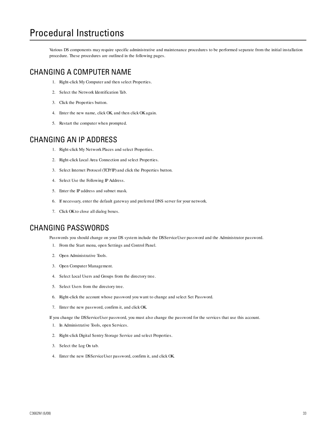 Pelco C3662M Procedural Instructions, Changing a Computer Name, Changing AN IP Address, Changing Passwords 