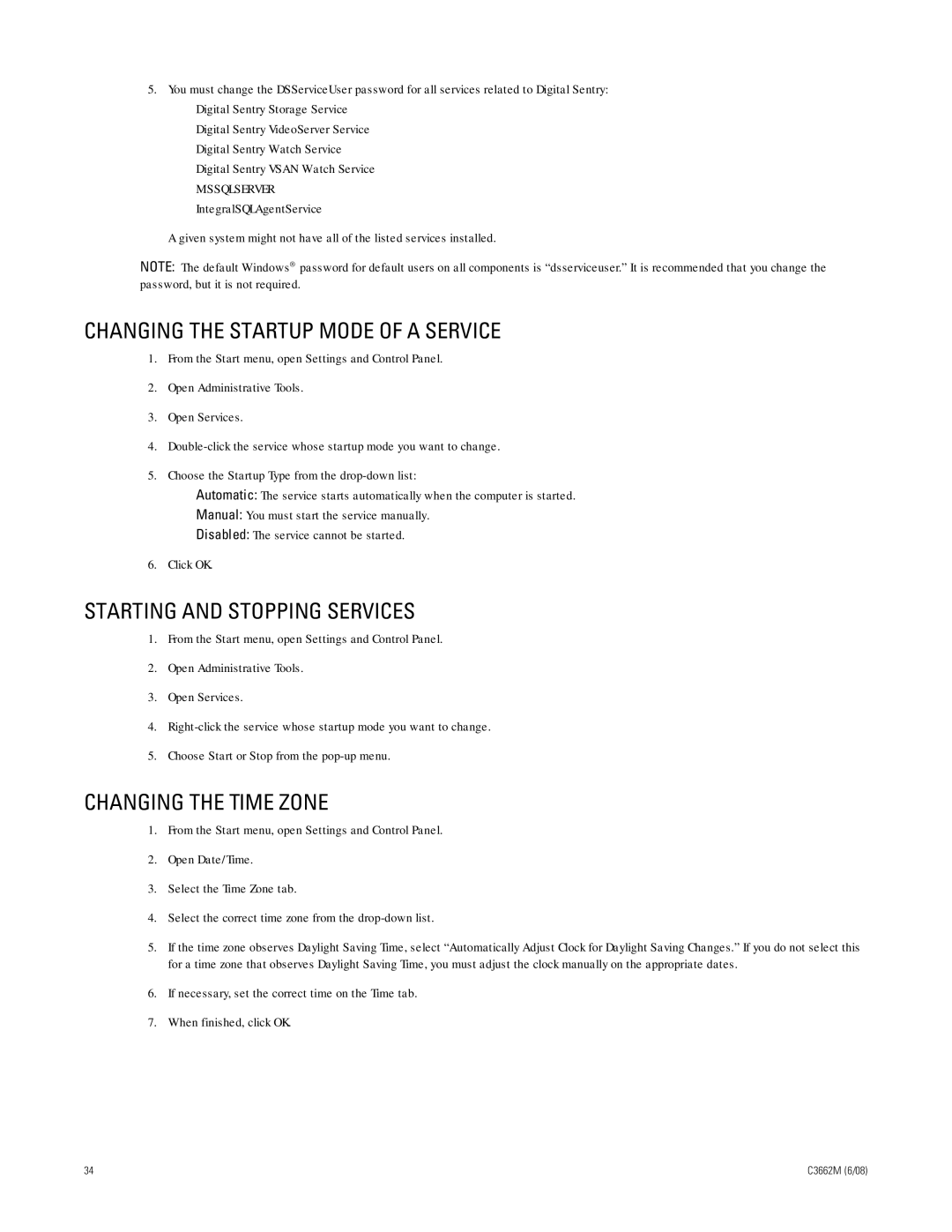 Pelco C3662M Changing the Startup Mode of a Service, Starting and Stopping Services, Changing the Time Zone 