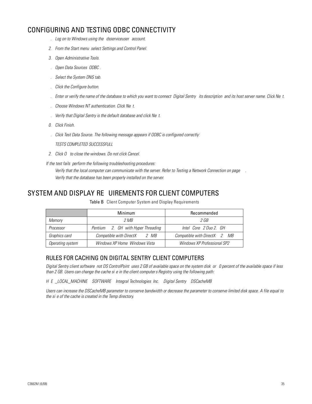 Pelco C3662M Configuring and Testing Odbc Connectivity, System and Display Requirements for Client Computers 