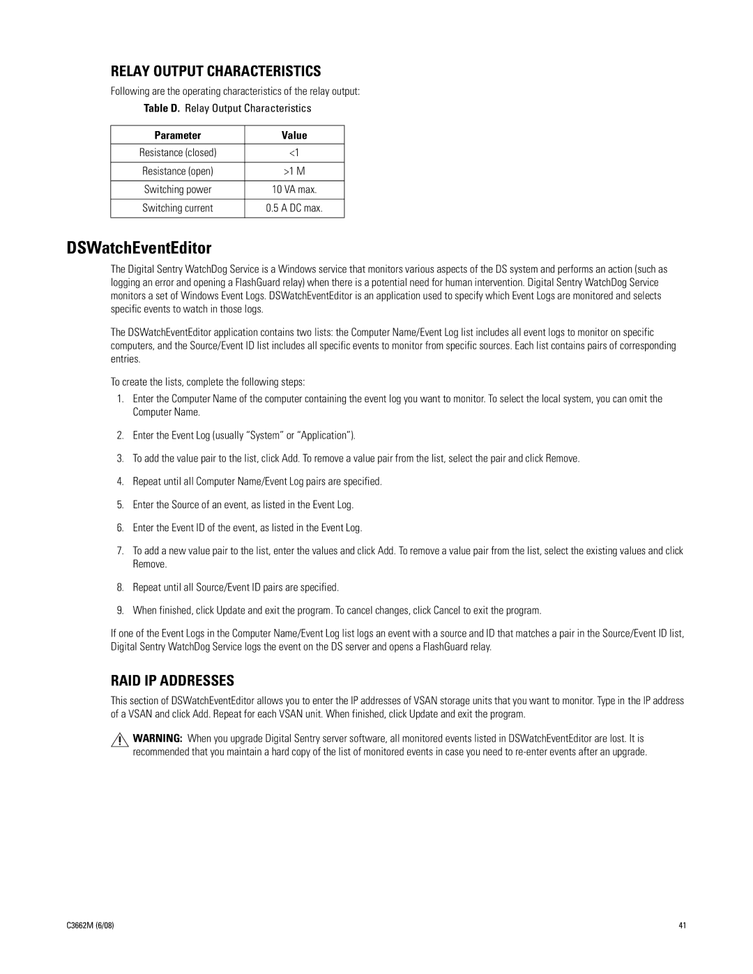 Pelco C3662M installation manual Relay Output Characteristics, RAID IP Addresses 