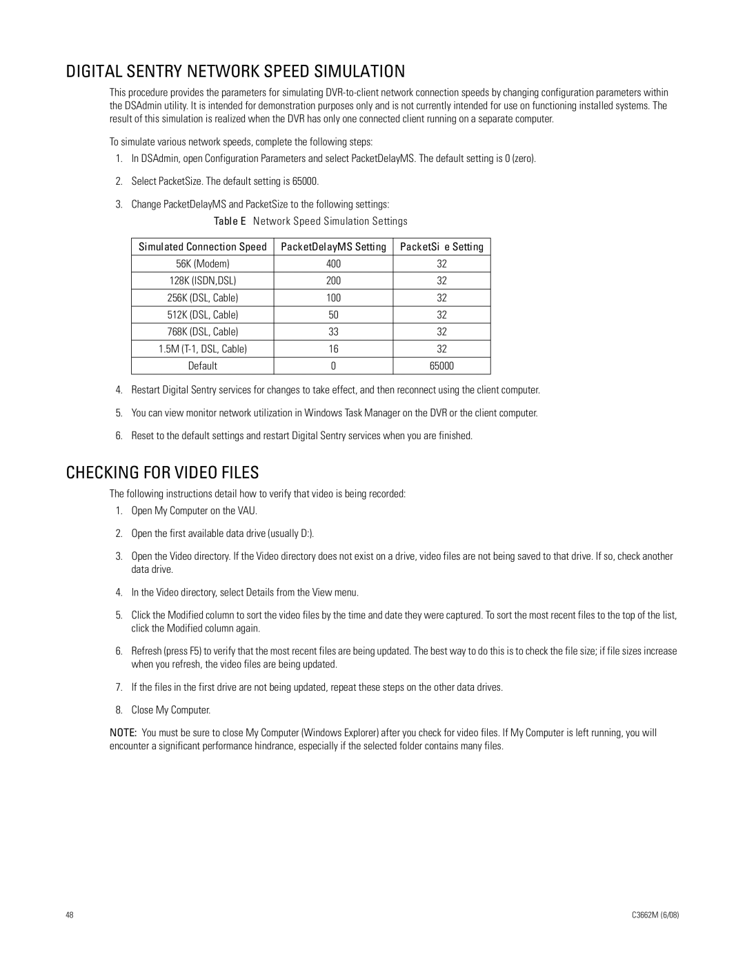Pelco C3662M installation manual Digital Sentry Network Speed Simulation, Checking for Video Files 