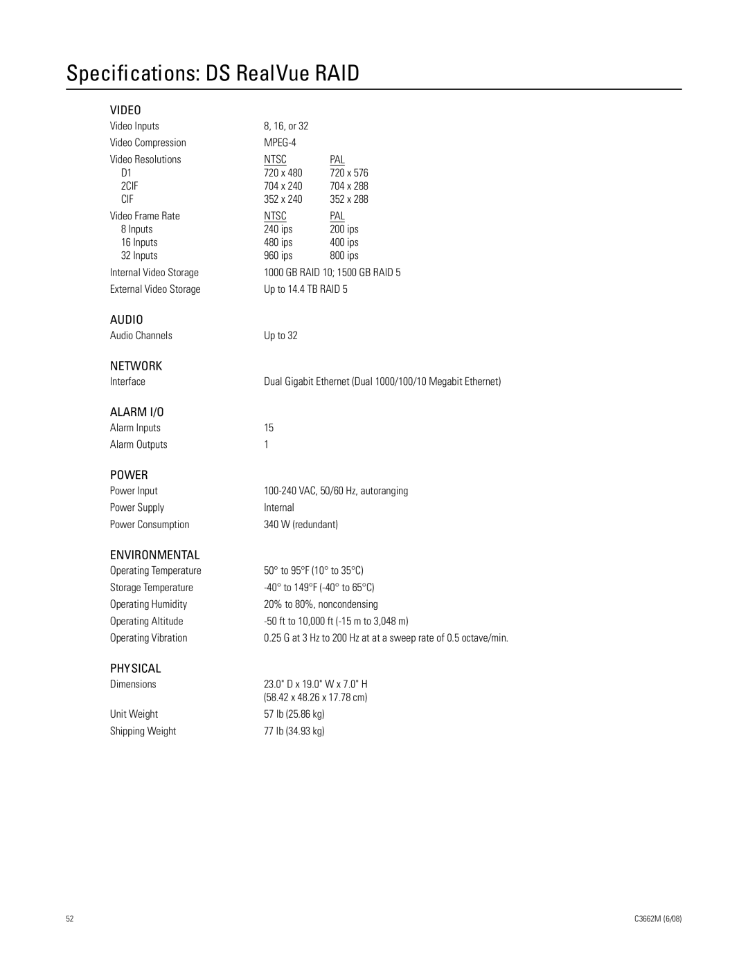 Pelco C3662M installation manual Specifications DS RealVue RAID 