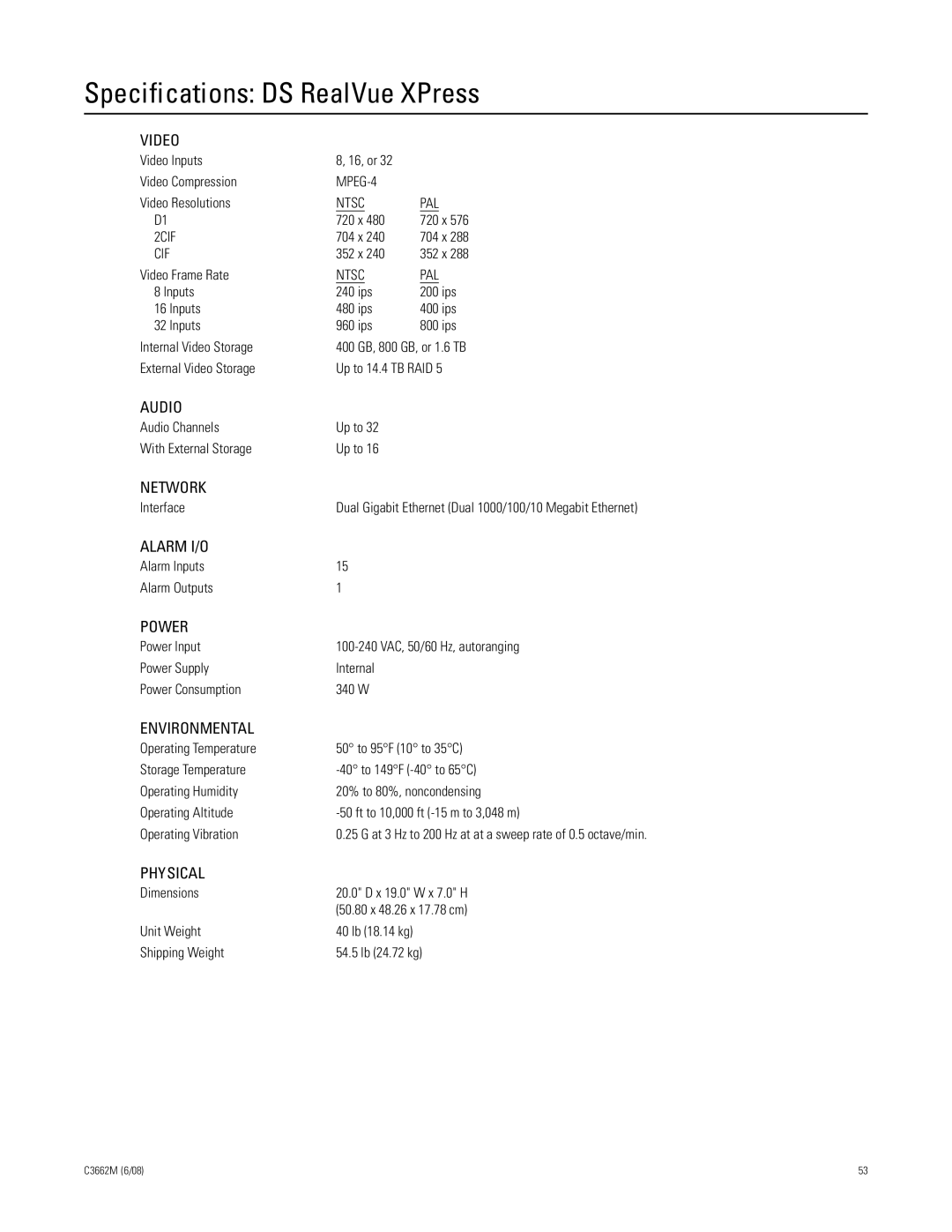 Pelco C3662M installation manual Specifications DS RealVue XPress 