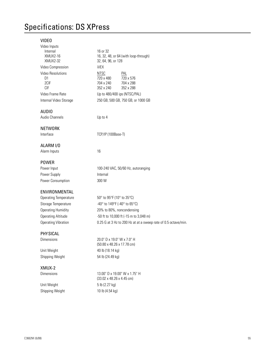 Pelco C3662M installation manual Specifications DS XPress, XMUX-2 