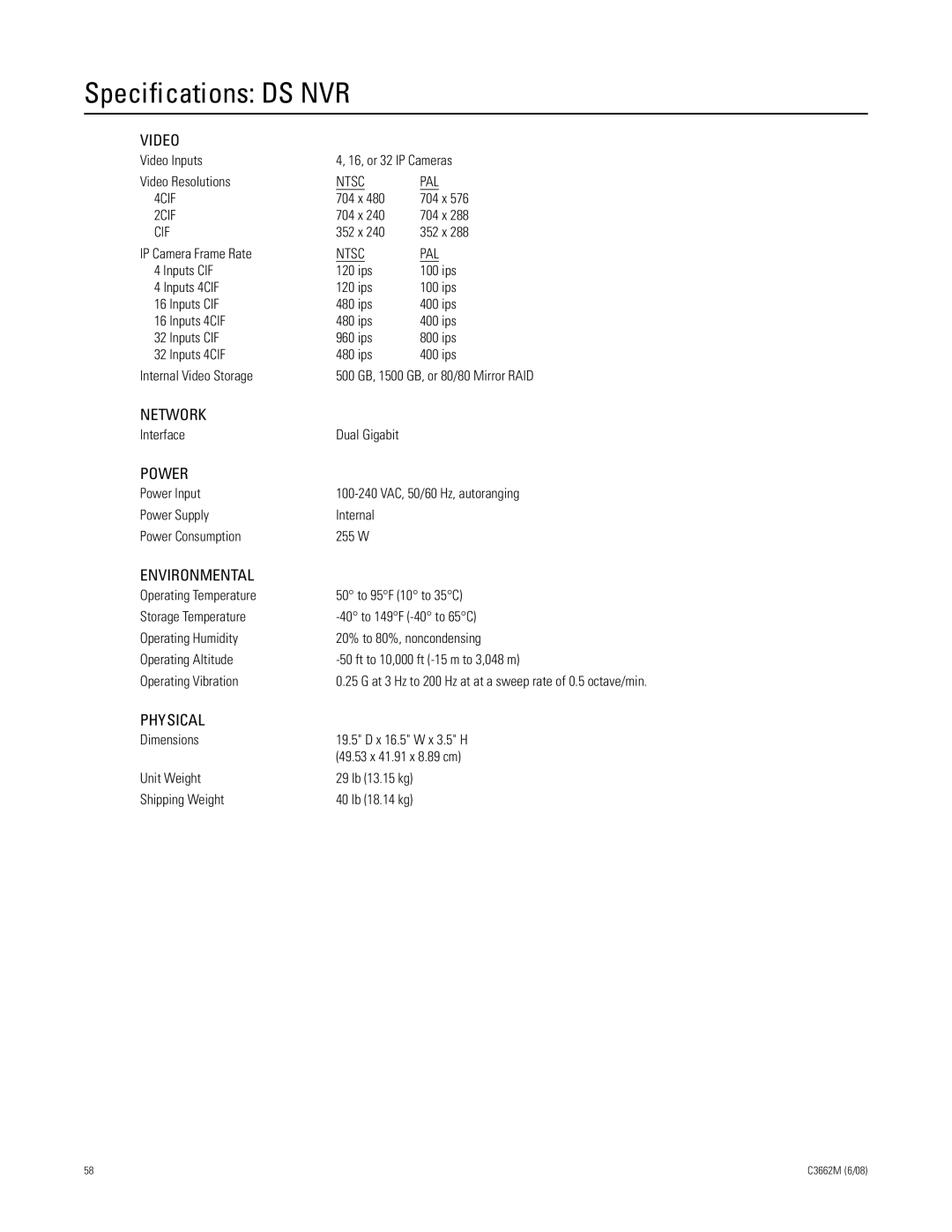 Pelco C3662M installation manual Specifications DS NVR 