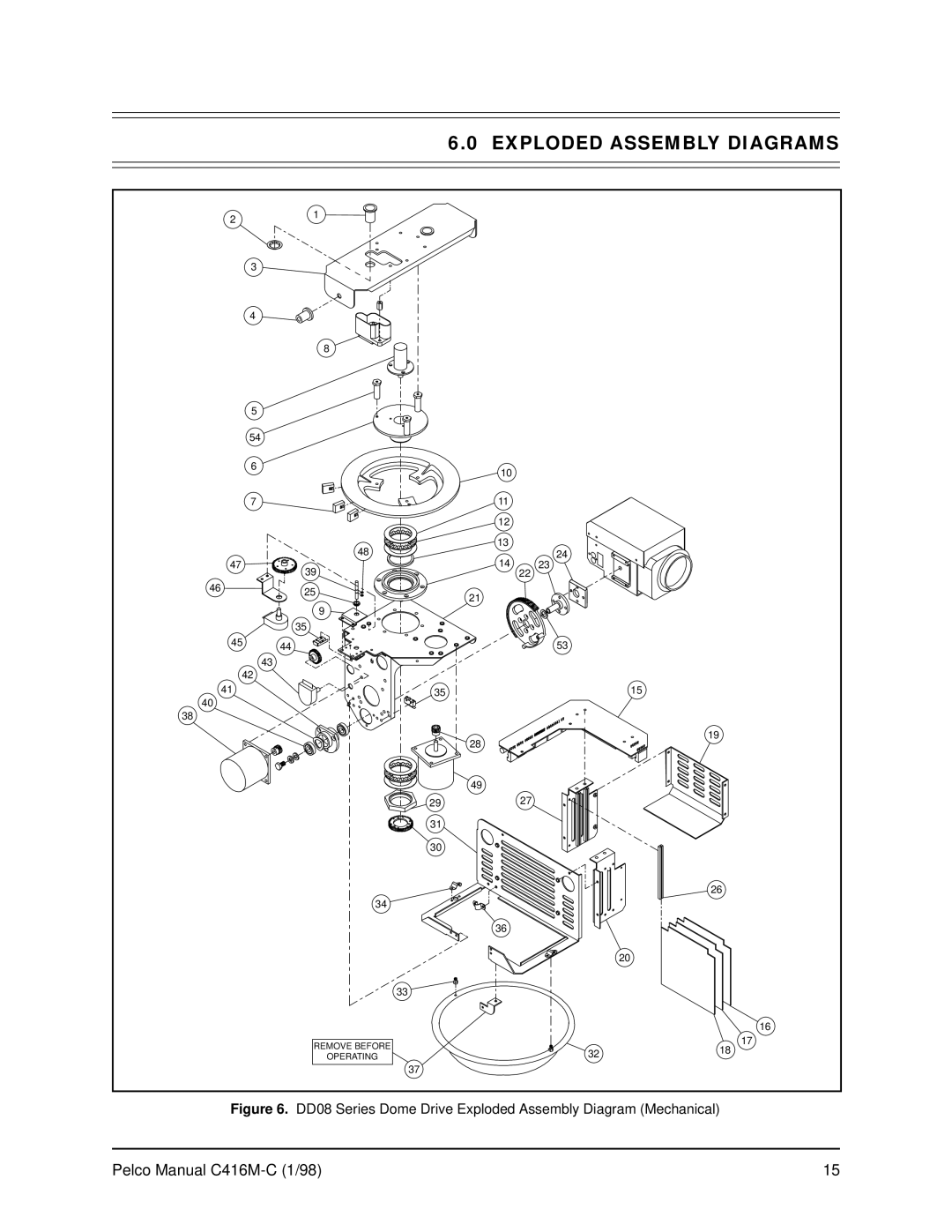 Pelco C416M-C operation manual Exploded Assembly Diagrams, DD08 Series Dome Drive Exploded Assembly Diagram Mechanical 