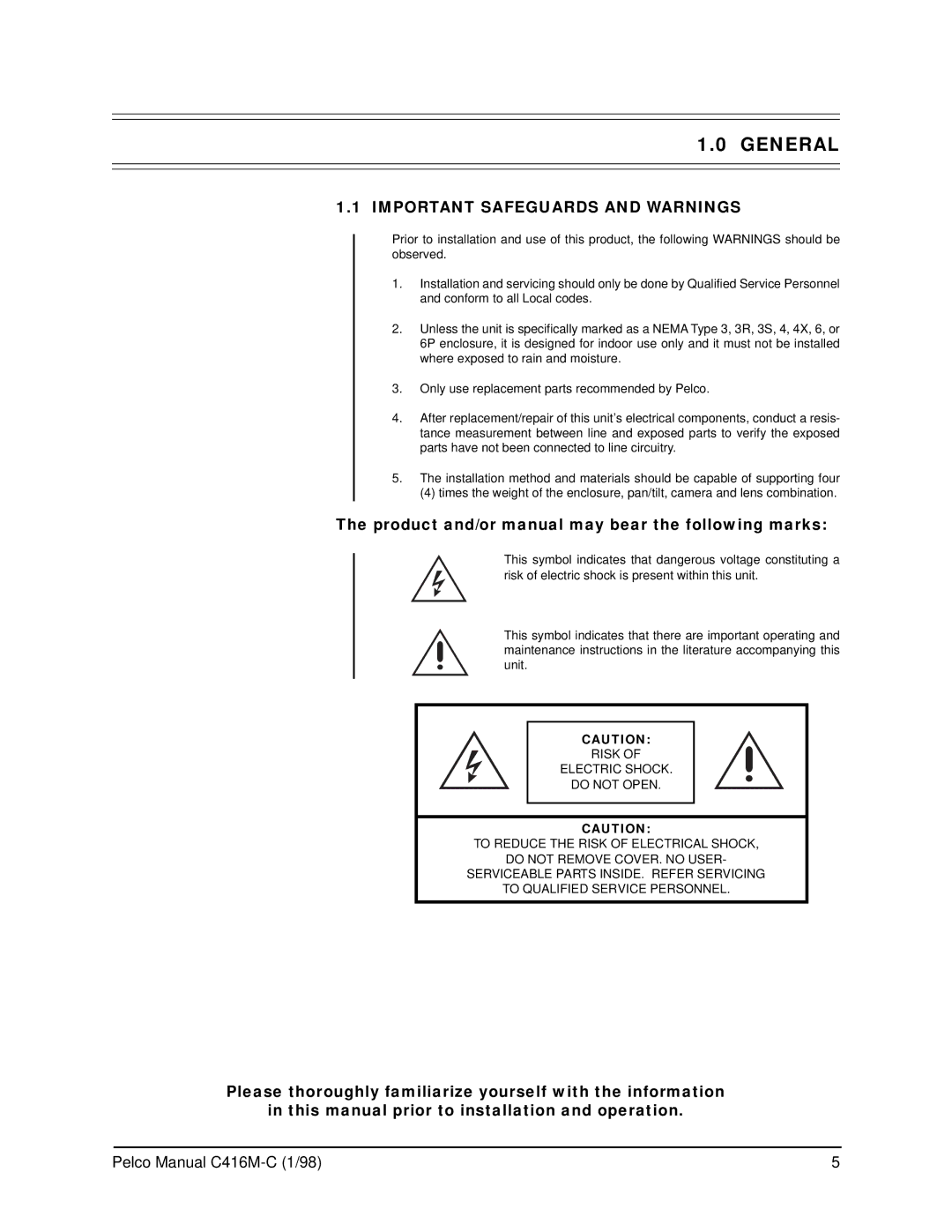 Pelco C416M-C operation manual General, Important Safeguards and Warnings 