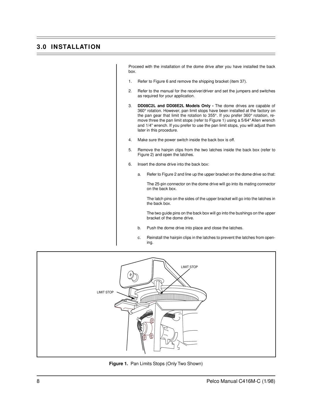 Pelco C416M-C operation manual Installation, Pan Limits Stops Only Two Shown 