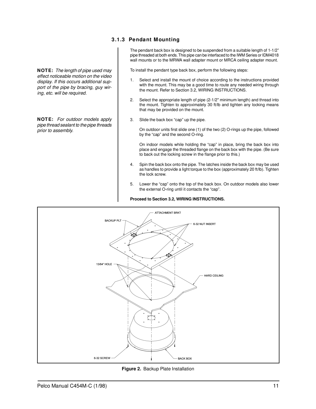 Pelco C454M-C operation manual Pendant Mounting, Backup Plate Installation 