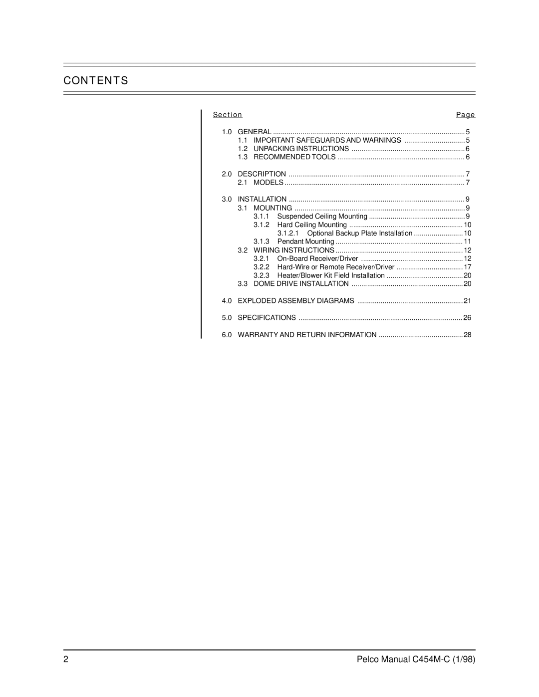 Pelco C454M-C operation manual Contents 