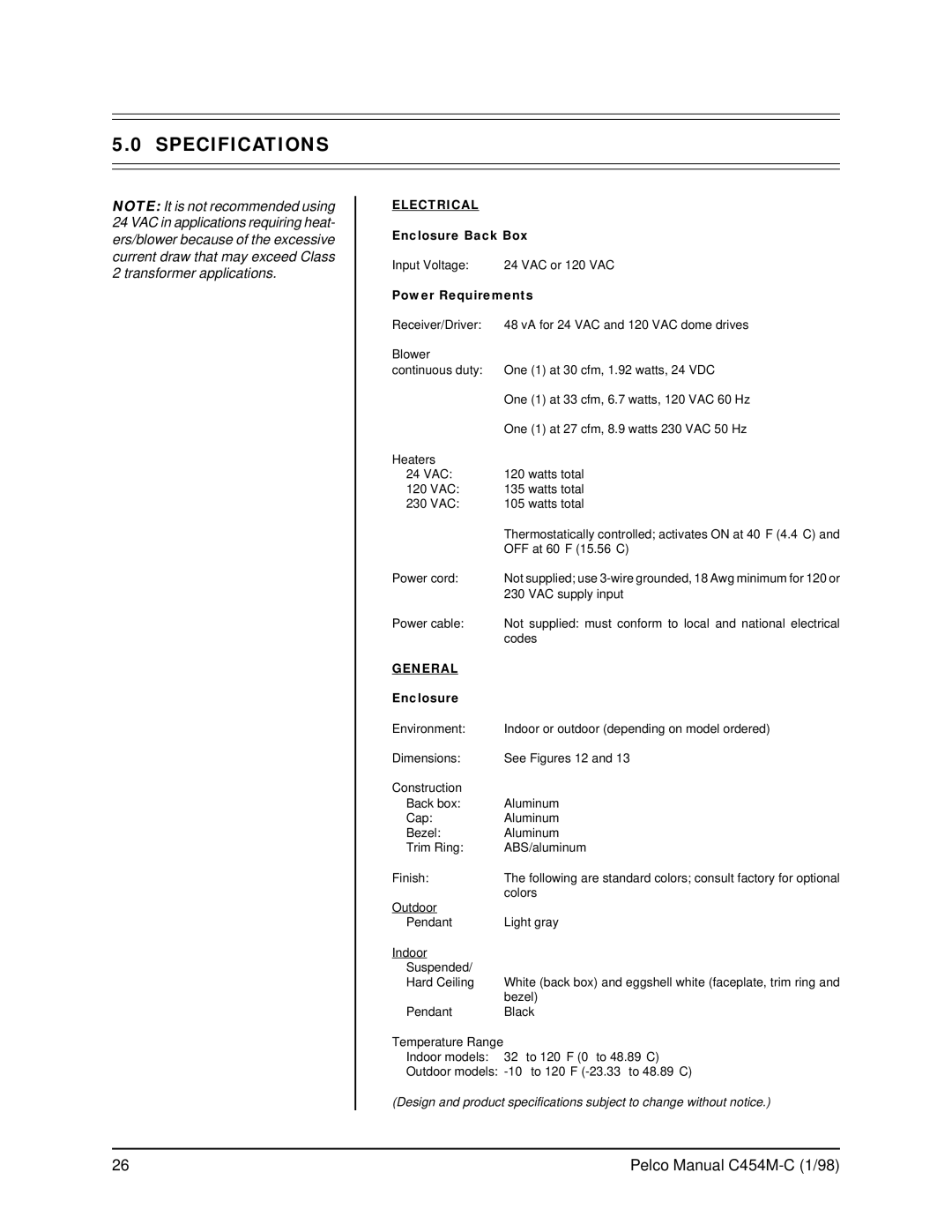 Pelco C454M-C operation manual Specifications, Enclosure Back Box, Power Requirements 