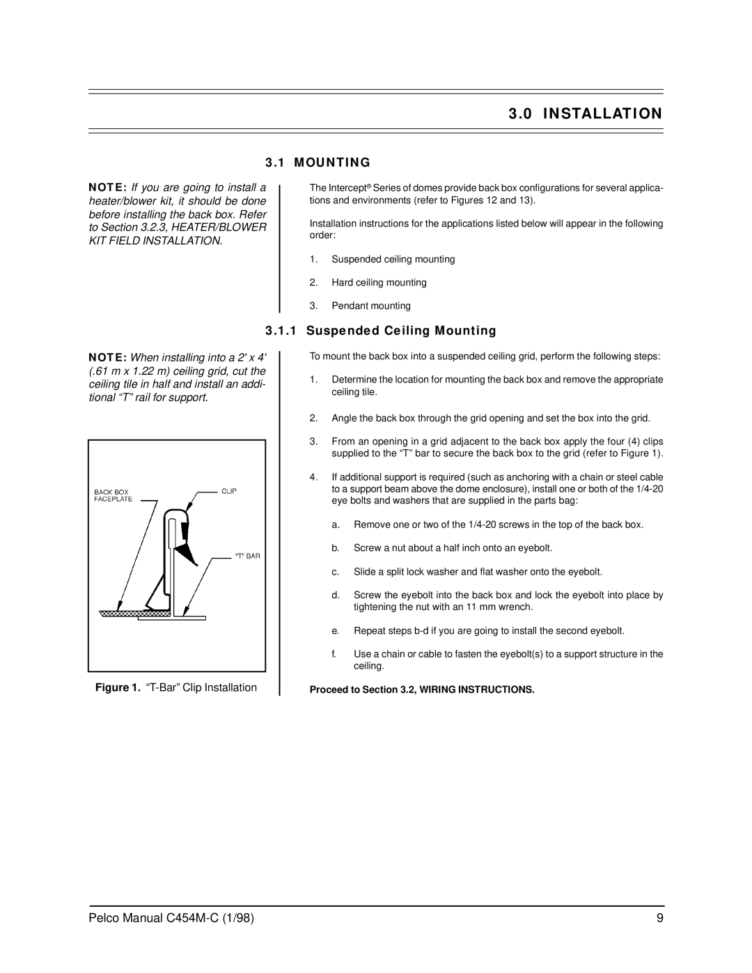 Pelco C454M-C operation manual Installation, Suspended Ceiling Mounting, Proceed to .2, Wiring Instructions 