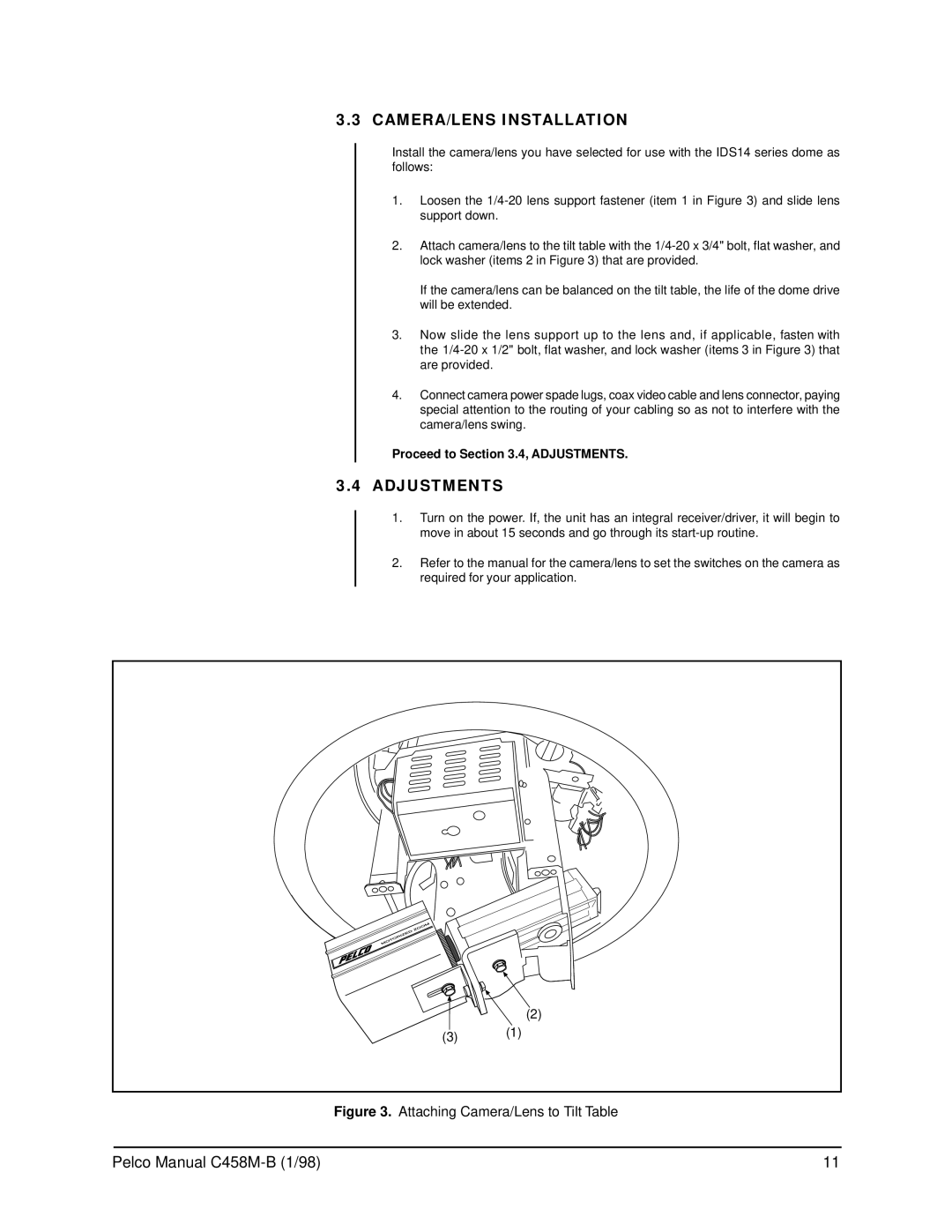 Pelco C458M-B operation manual CAMERA/LENS Installation, Adjustments 