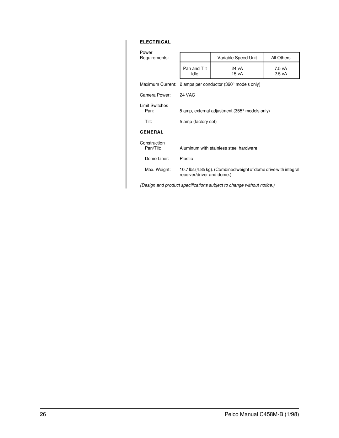 Pelco C458M-B operation manual Electrical 