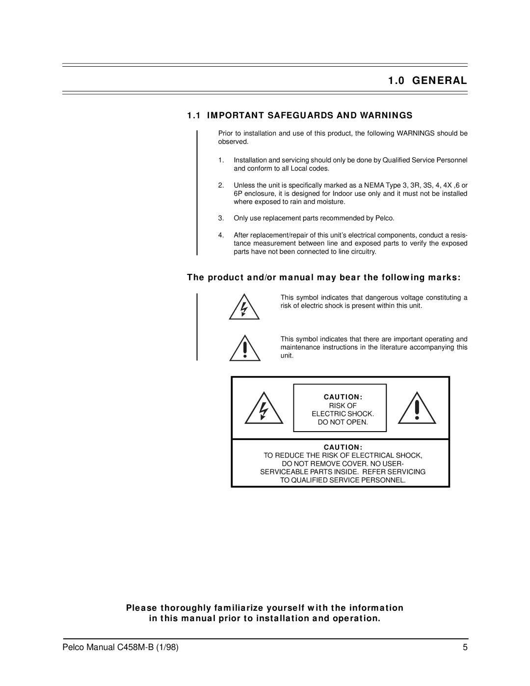 Pelco C458M-B operation manual General, Important Safeguards and Warnings 