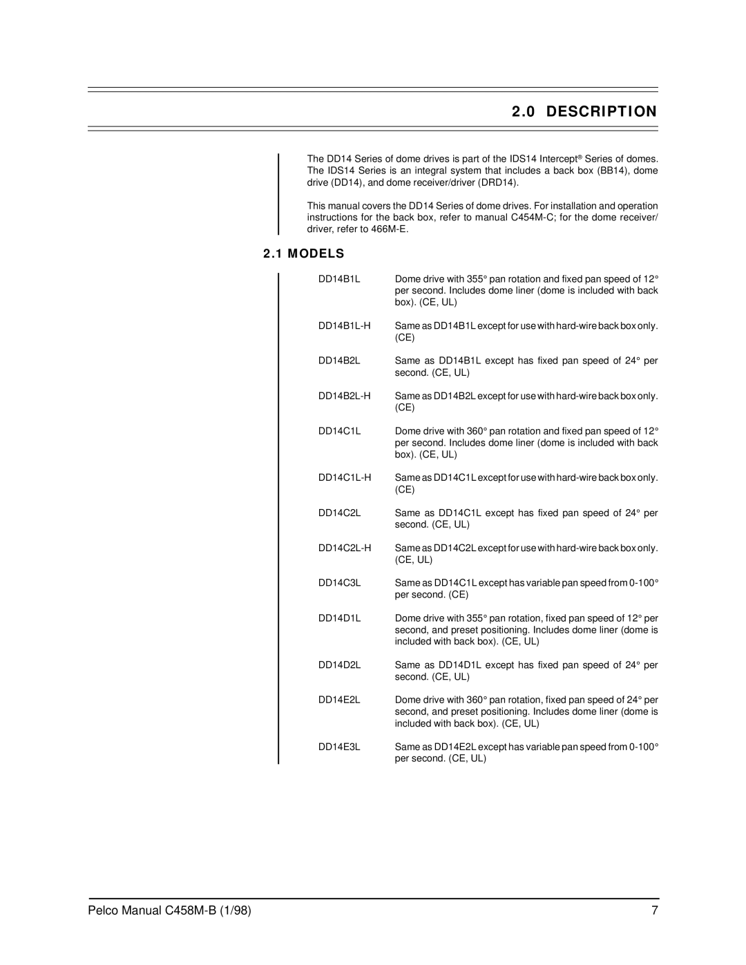 Pelco C458M-B operation manual Description, Models 