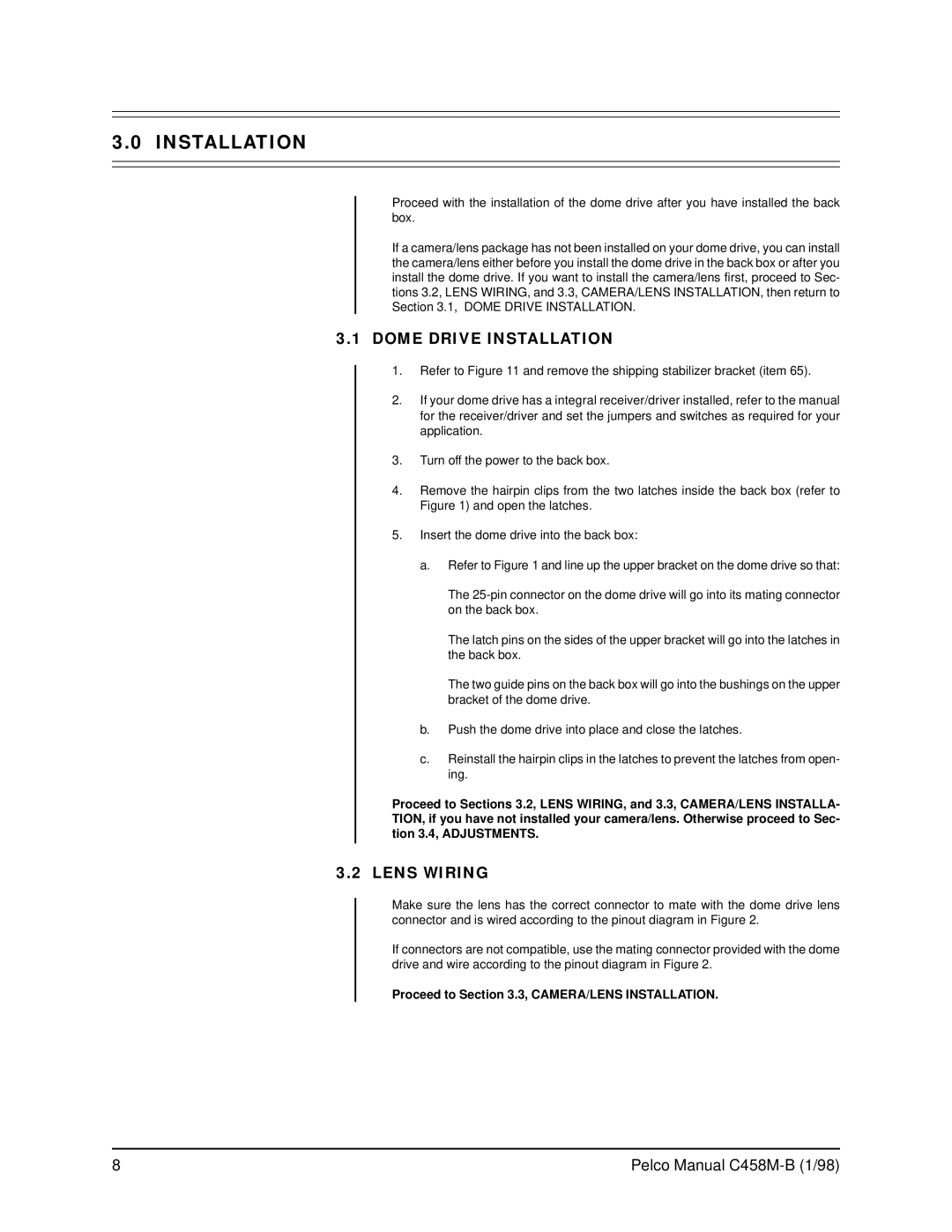 Pelco C458M-B operation manual Dome Drive Installation, Lens Wiring 